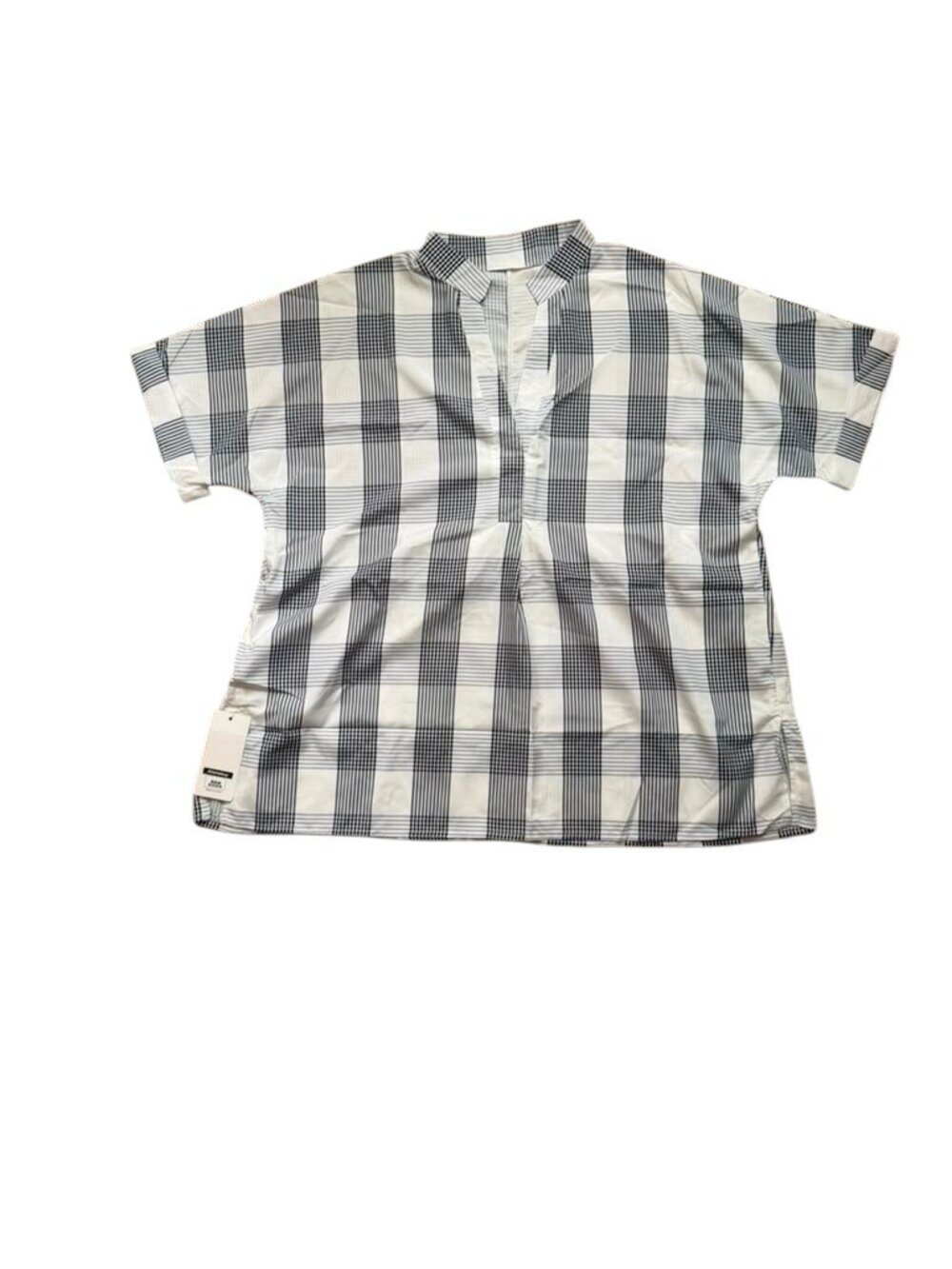 Alishebuy Women L Plaid Check Blouse Split V Neck Short Sleeve NWT. - Picture 1 of 7